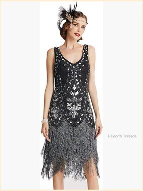 1920s Flapper Dress Fringed Beaded Sequin V-Neck Midi Great Gatsby Costume